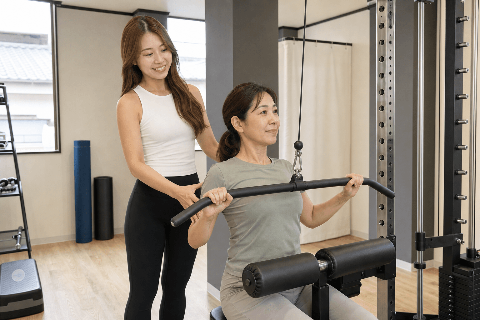 穏やかにラットプルダウンを行う40代女性を玲奈トレーナーが支えるイメージ